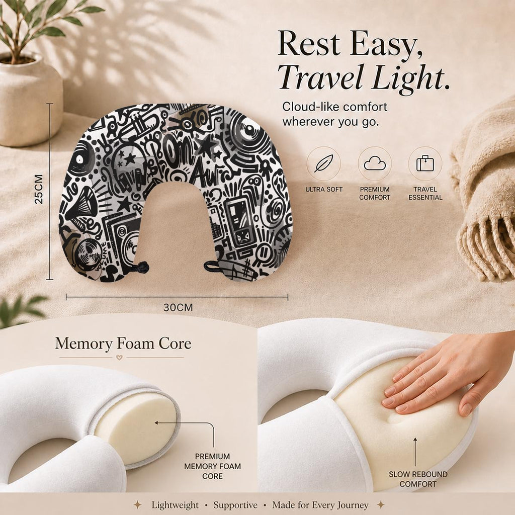 All-Over Print Memory Foam Travel Neck Pillow with Frog Button Closure